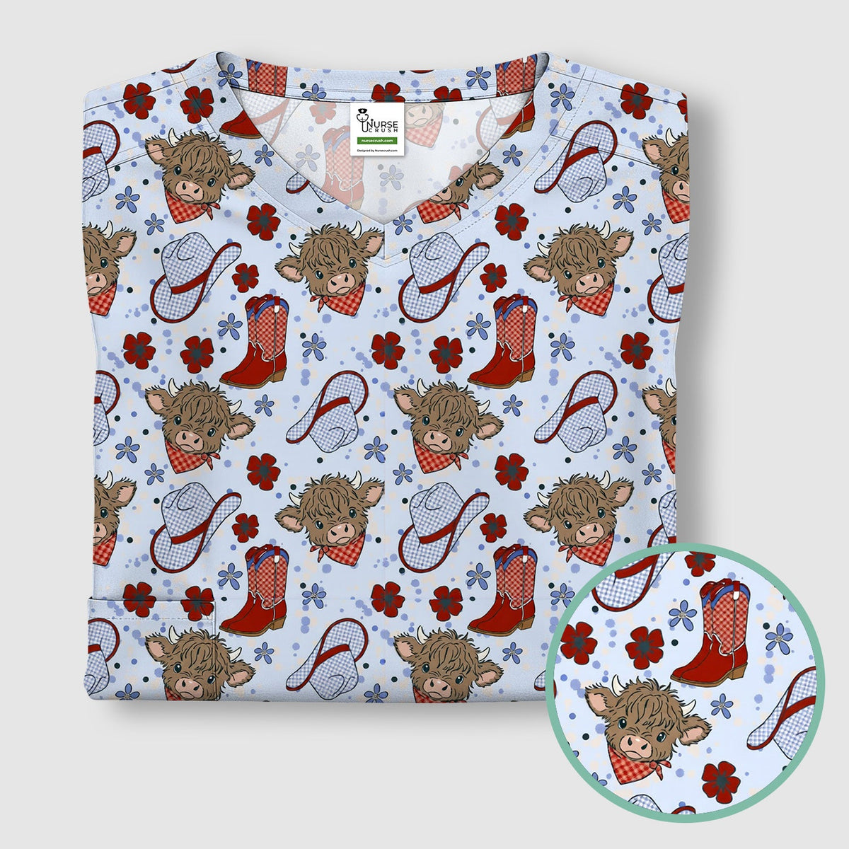 Highland Cow Cowboy Boots Nurse Scrub Top