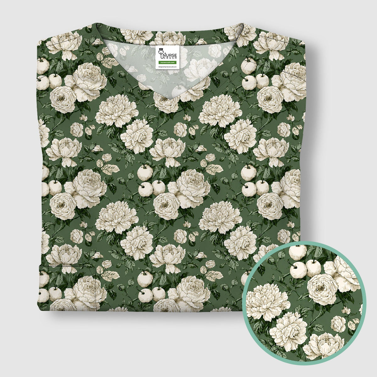 Elegant White Rose Garden Nurse Scrub Top