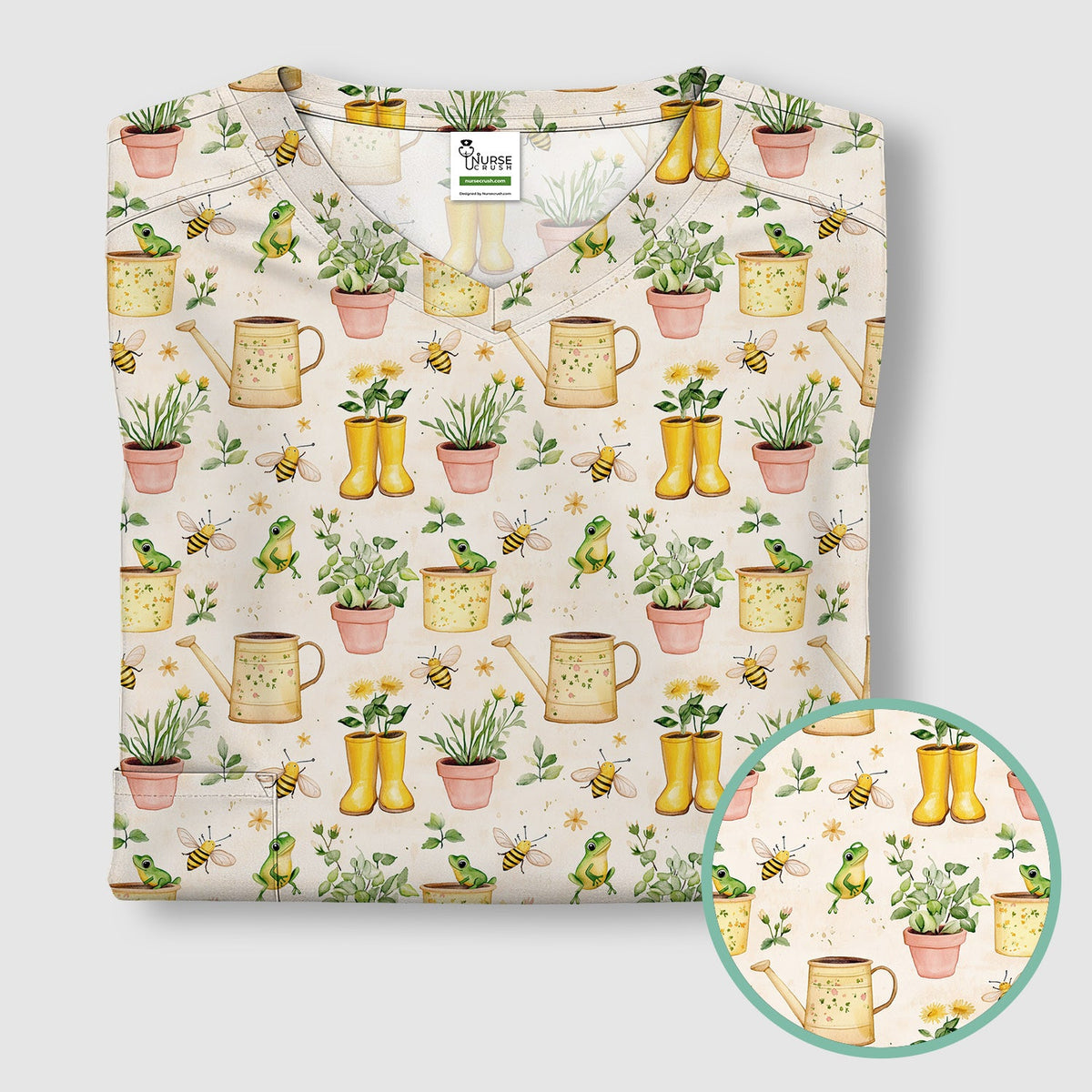 Frog And Bee Garden Nurse Scrub Top