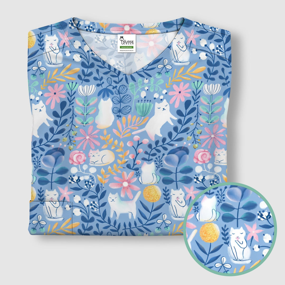 Whimsical Cat Floral Nurse Scrub Top