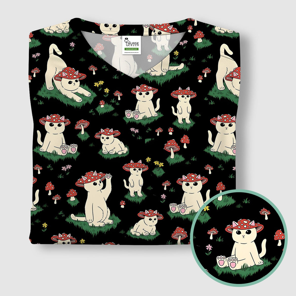 Mushroom Cat Nurse Scrub Top