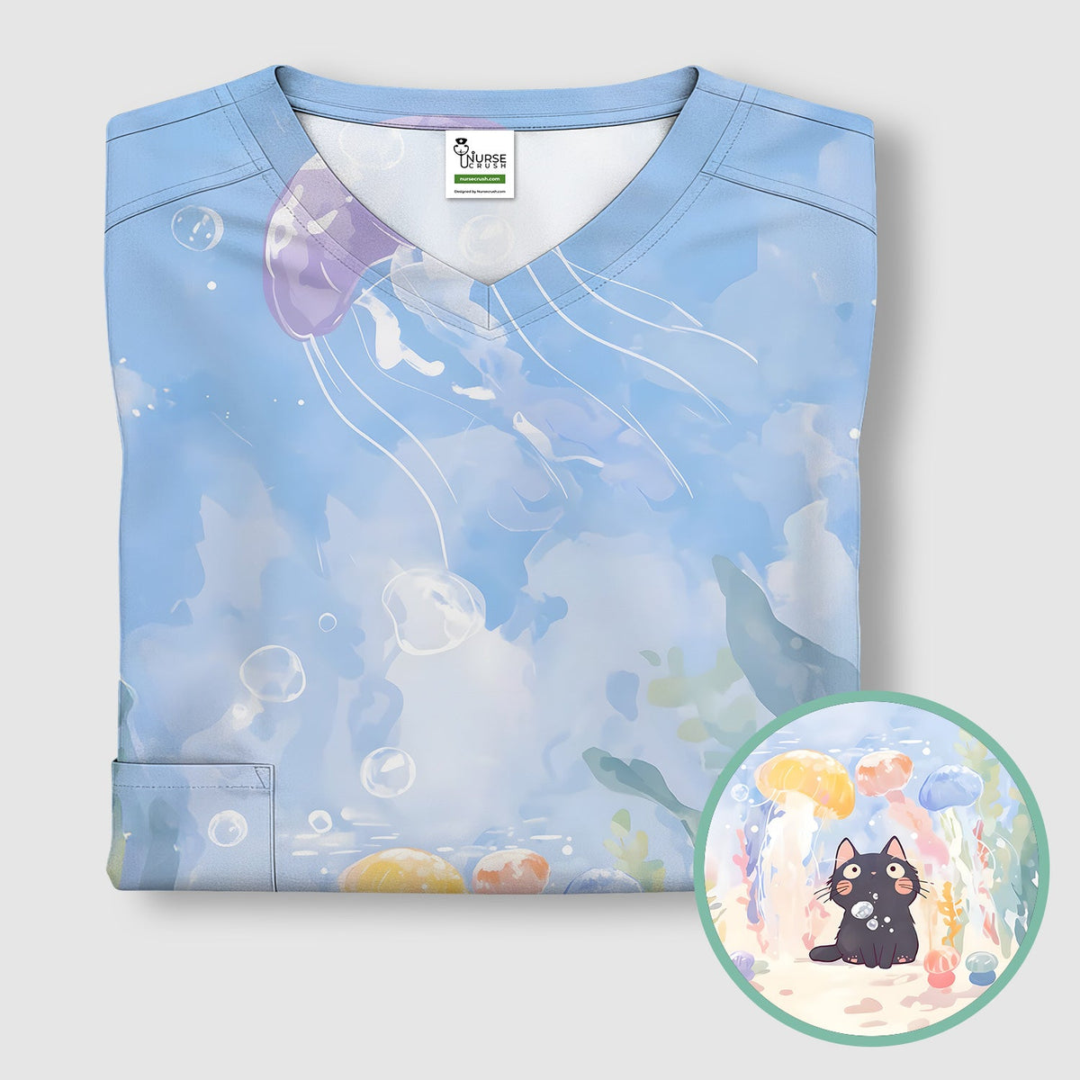 Underwater Black Cat Jellyfish Nurse Scrub Top