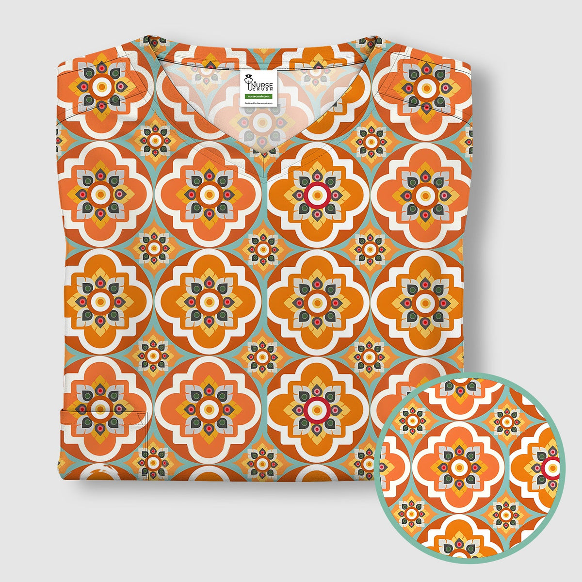 Orange Retro Geometric Floral Nurse Scrub Top