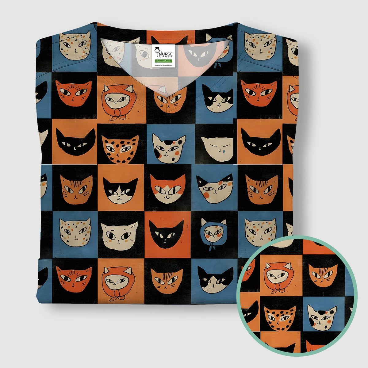 Cute Retro Cat Faces Checkerboard Print Scrub Top, Comfortable Scrubs For Nurses