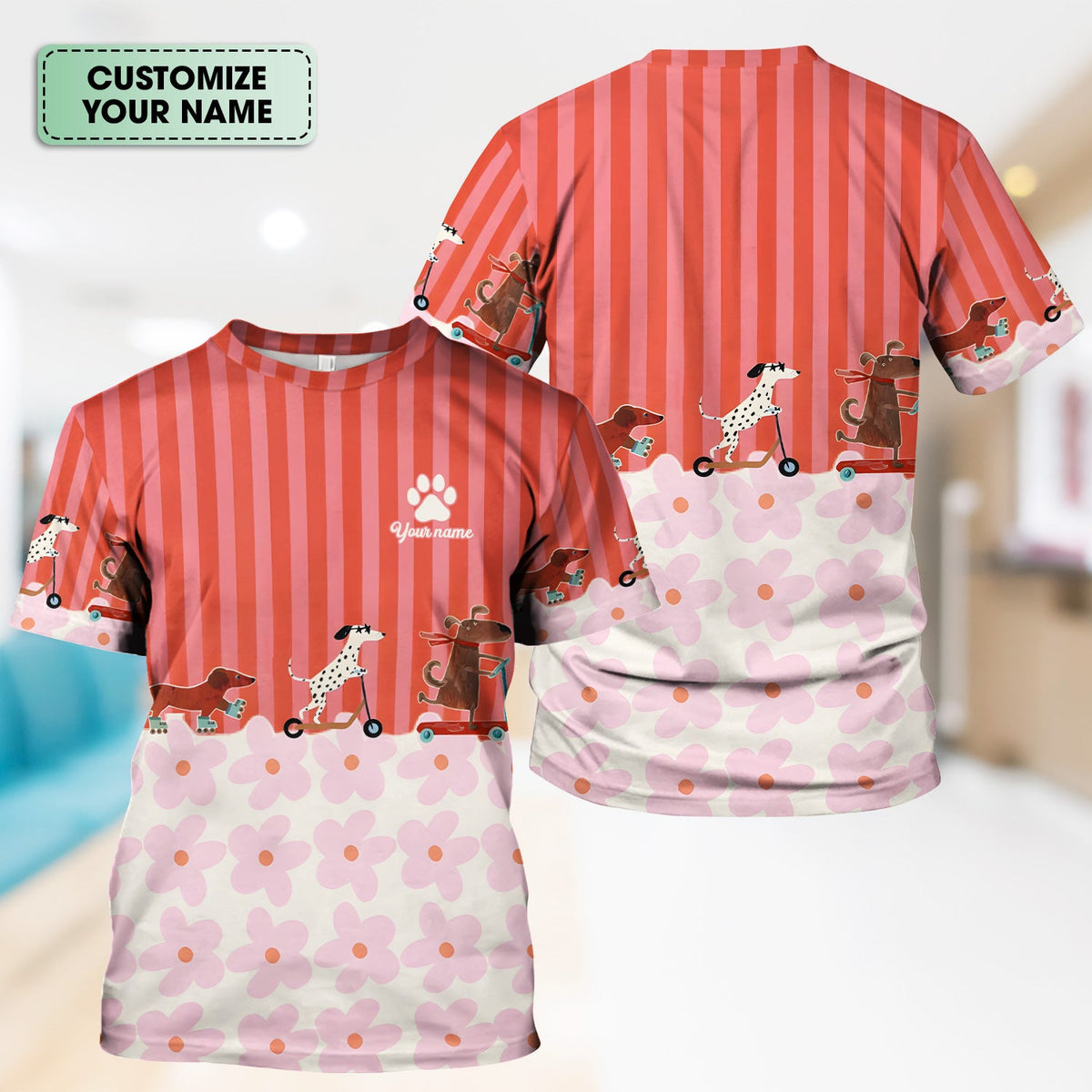 Personalized Dog Roller Skate Flower Nurse Scrub Top