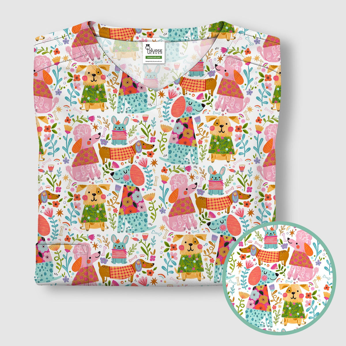Colorful Dog Floral Nurse Scrub Top