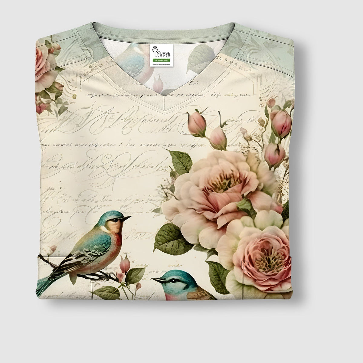Vintage Birds Rose Nurse Scrub Top