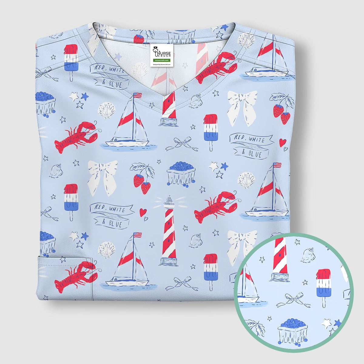 Lobster Lighthouse Sailboat Nurse Scrub Top
