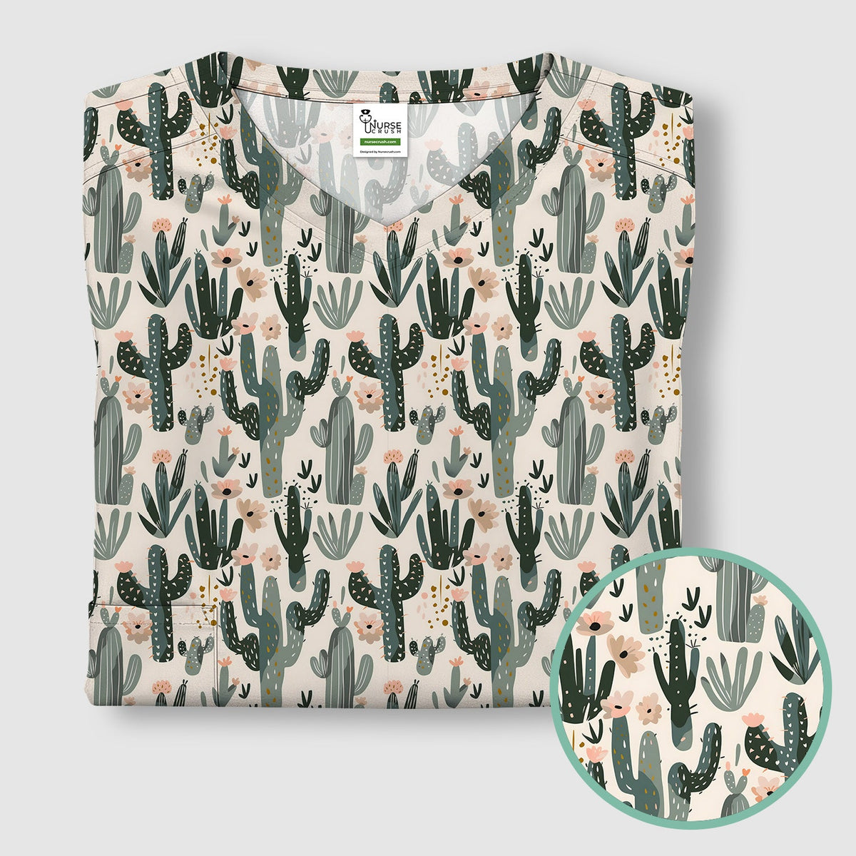 Green Cactus Desert Blossom Nurse Scrub Top