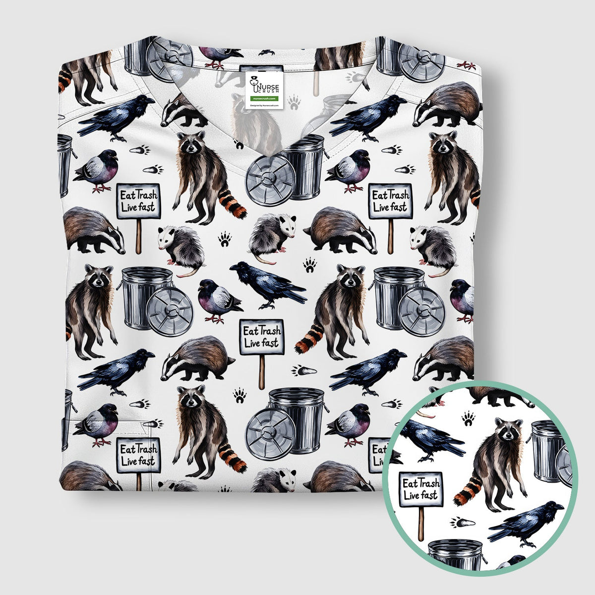 Raccoon Opossum Eat Trash Nurse Scrub Top