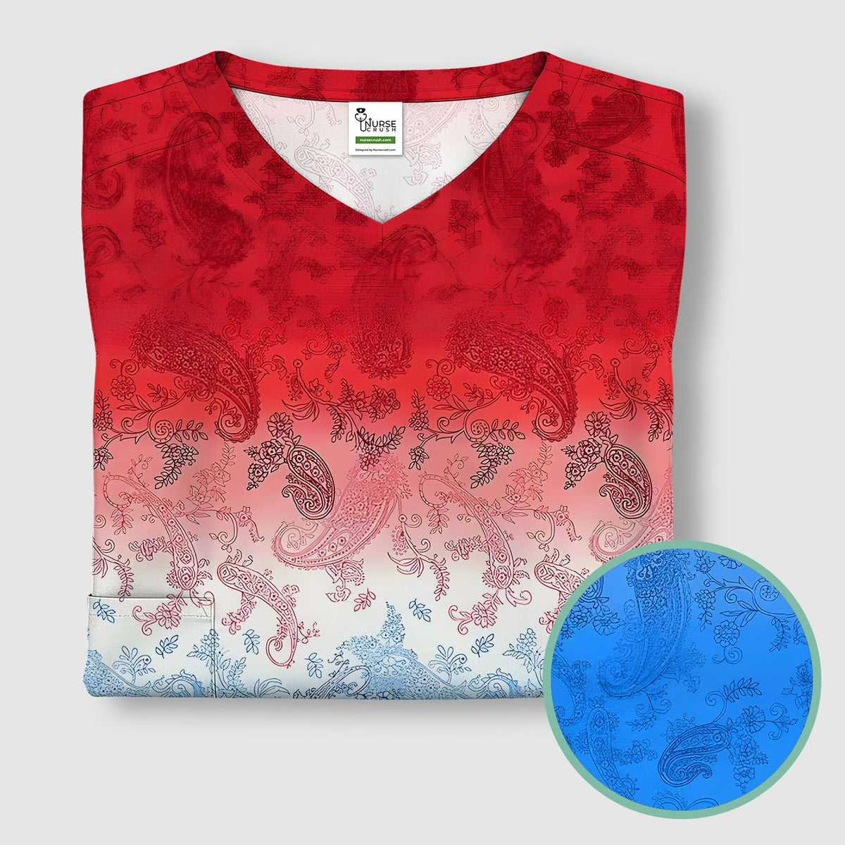 Red Blue Paisley Ombre Nurse Scrub Top