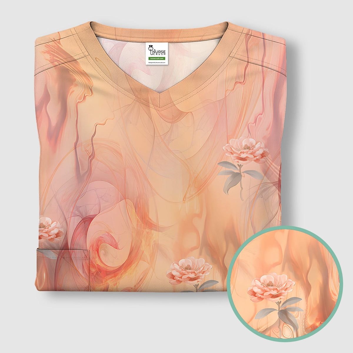 Elegant Peach Marble Rose Nurse Scrub Top