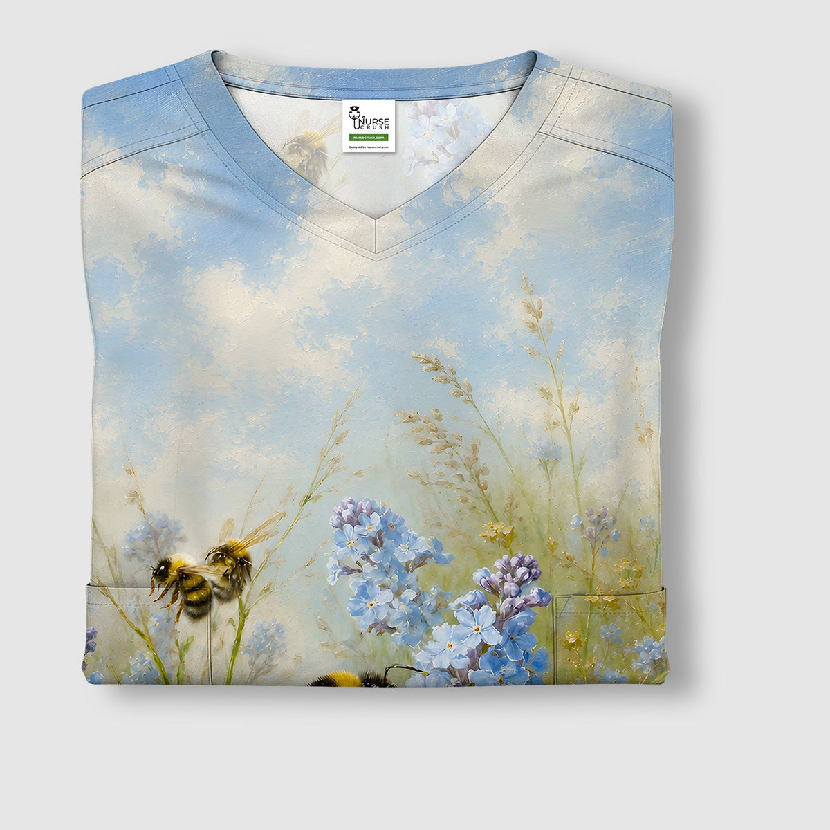 Whimsical Bumblebee Blue Blossom Nurse Scrub Top