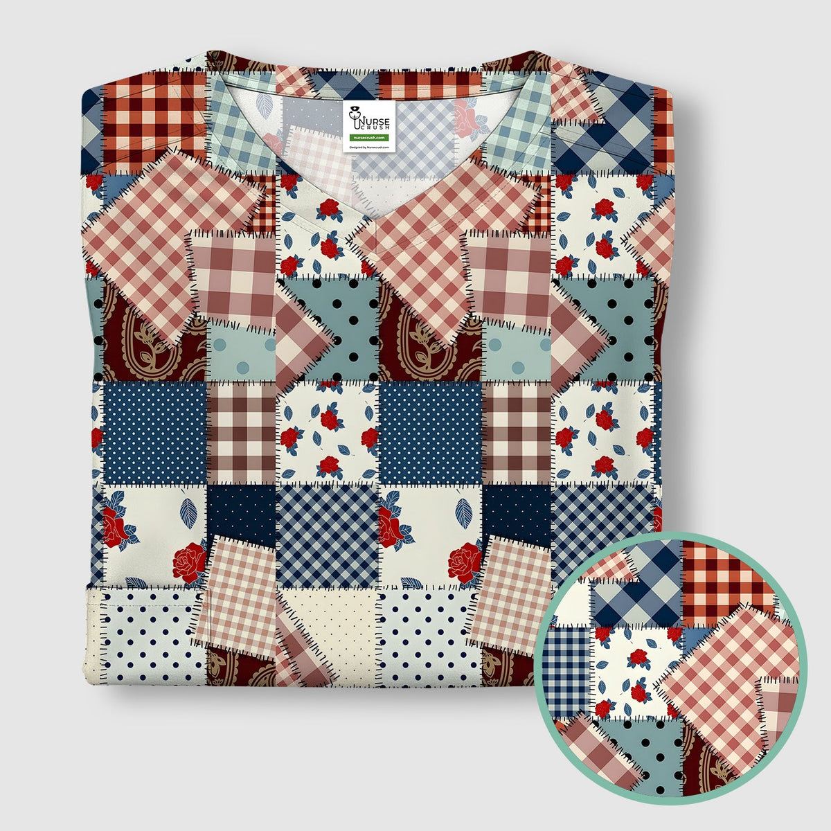 Retro Patchwork Plaid Quilt Nurse Scrub Top