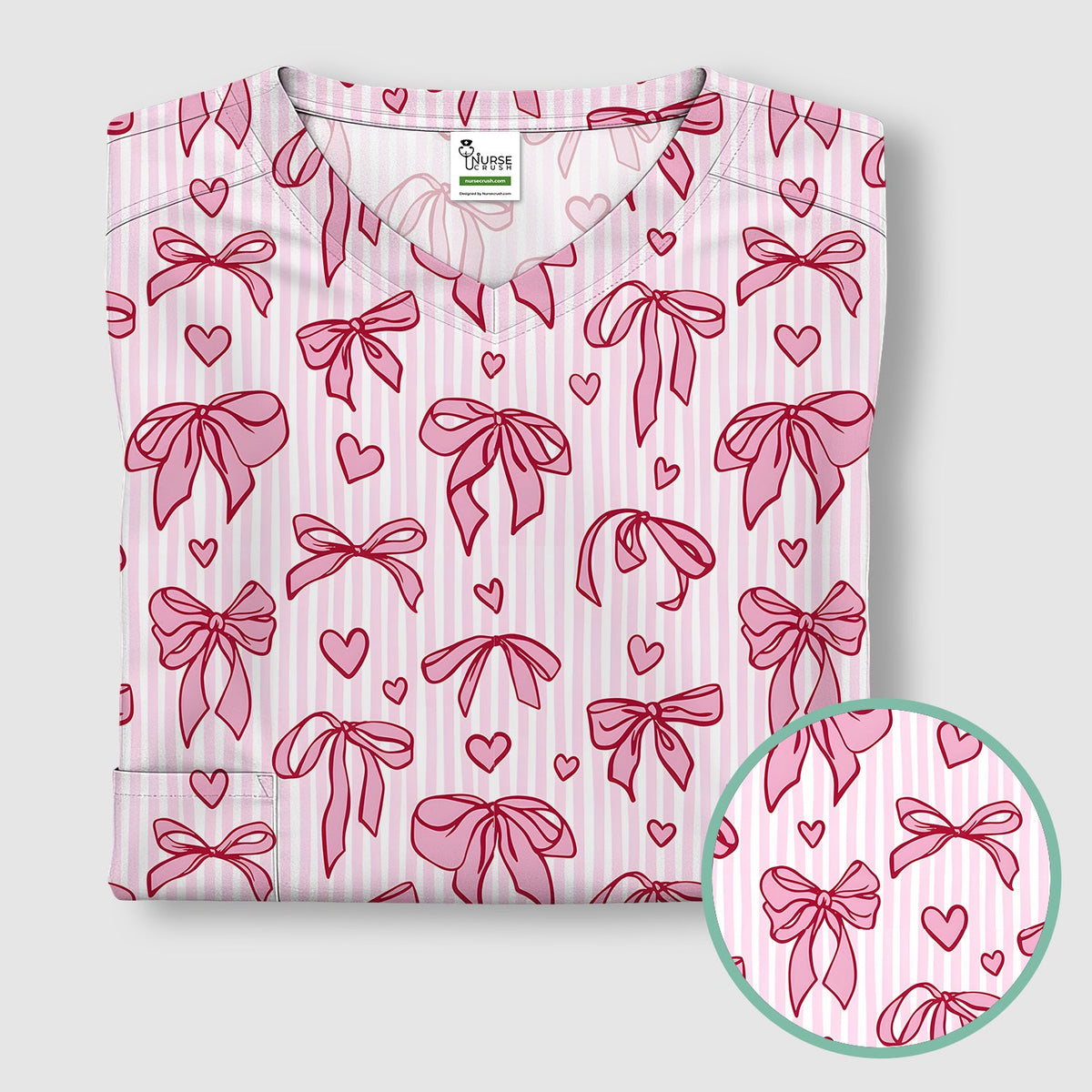 Pink Bow Heart Stripe Nurse Scrub Top