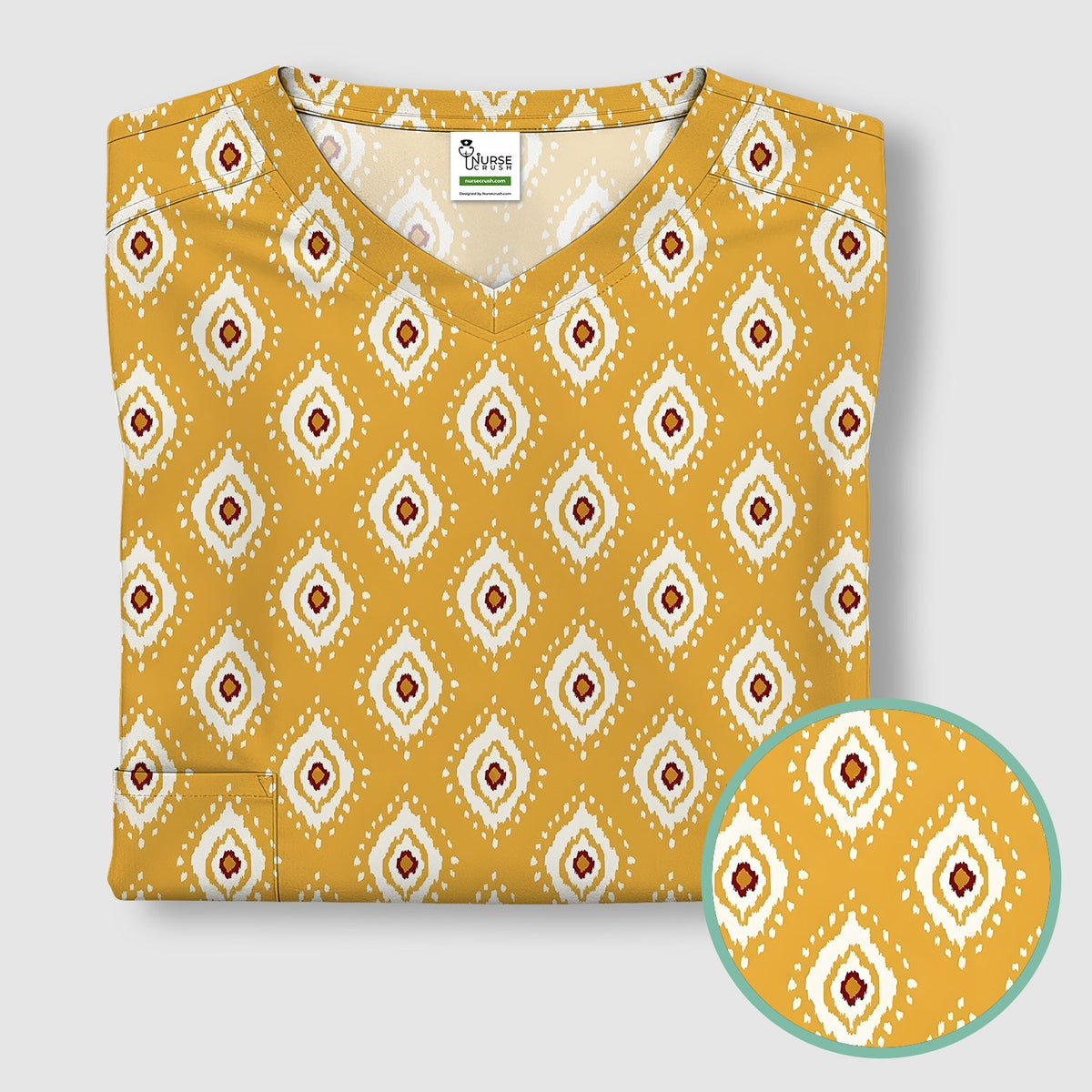Mustard Geometric Ikat Nurse Scrub Top