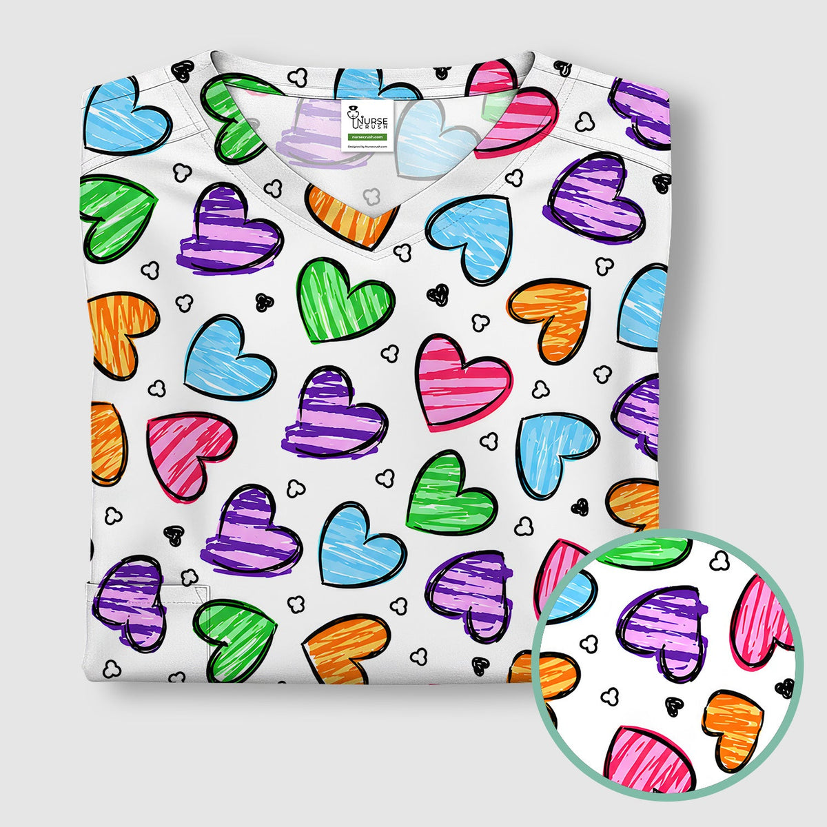 Colorful Doodle Heart Nurse Scrub Top