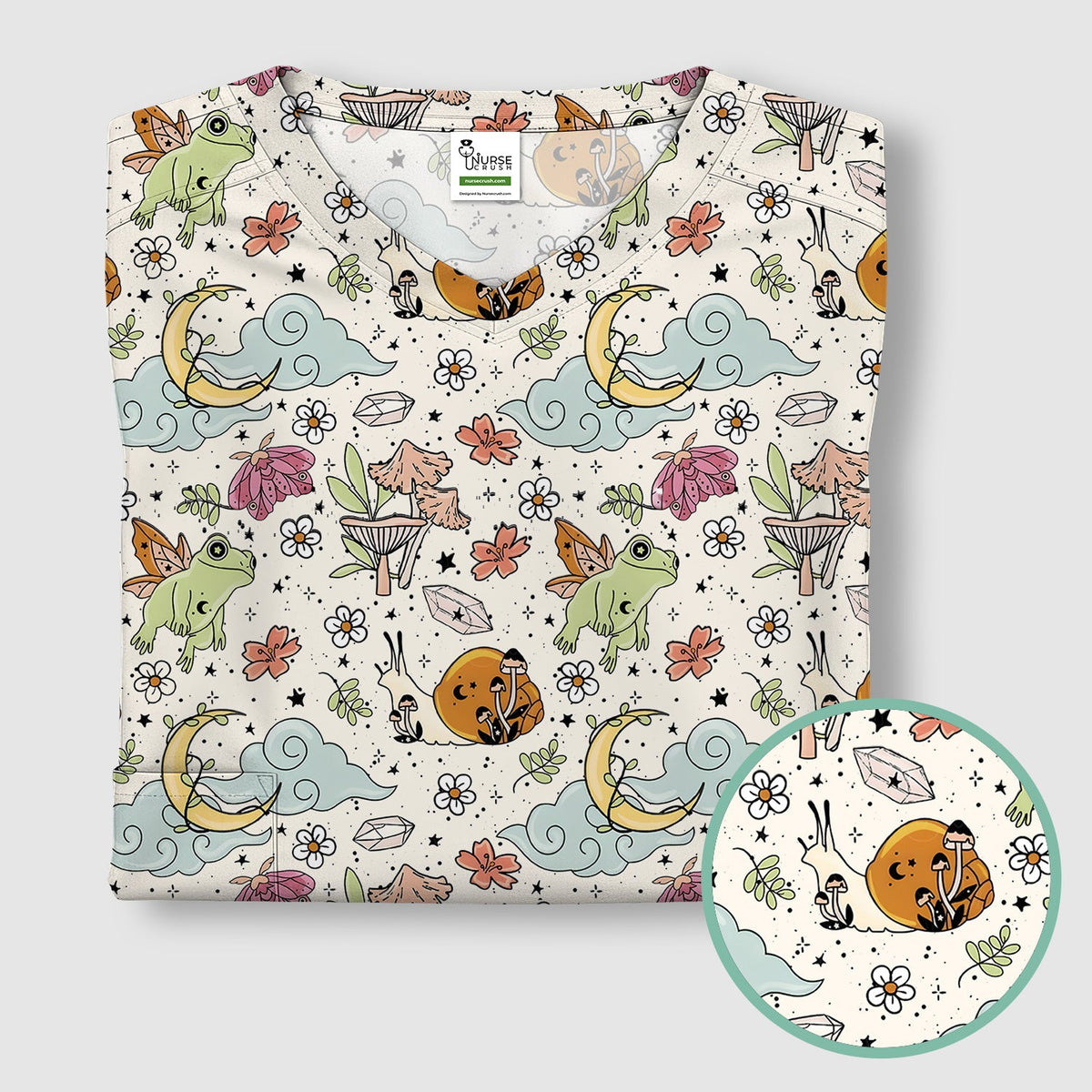 Whimsical Frog Moon Mushroom Nurse Scrub Top