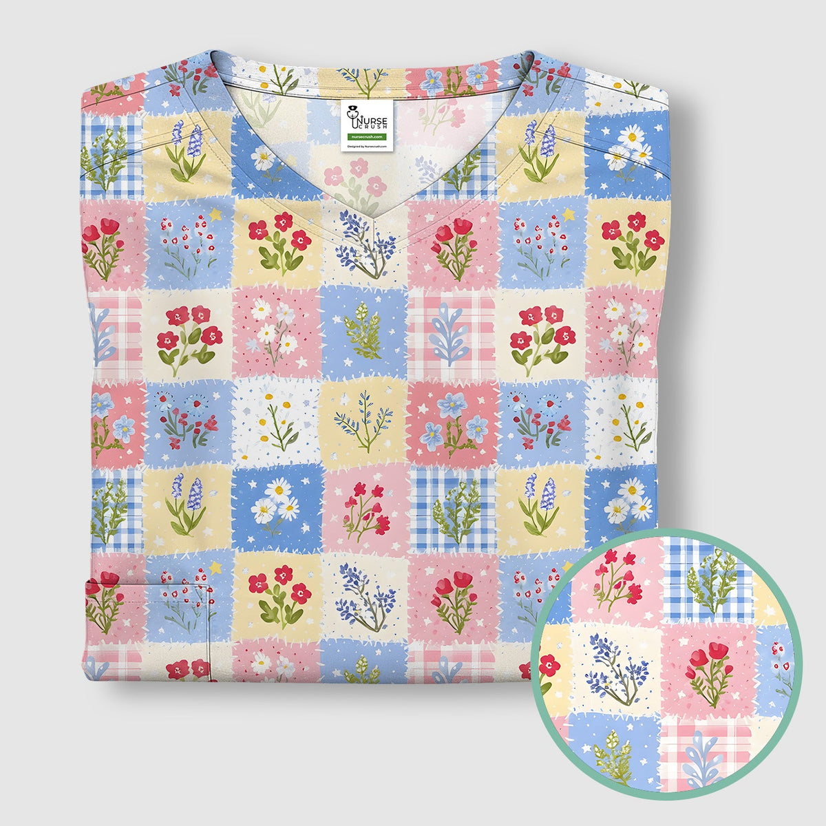 Pastel Patchwork Wildflower Garden Nurse Scrub Top