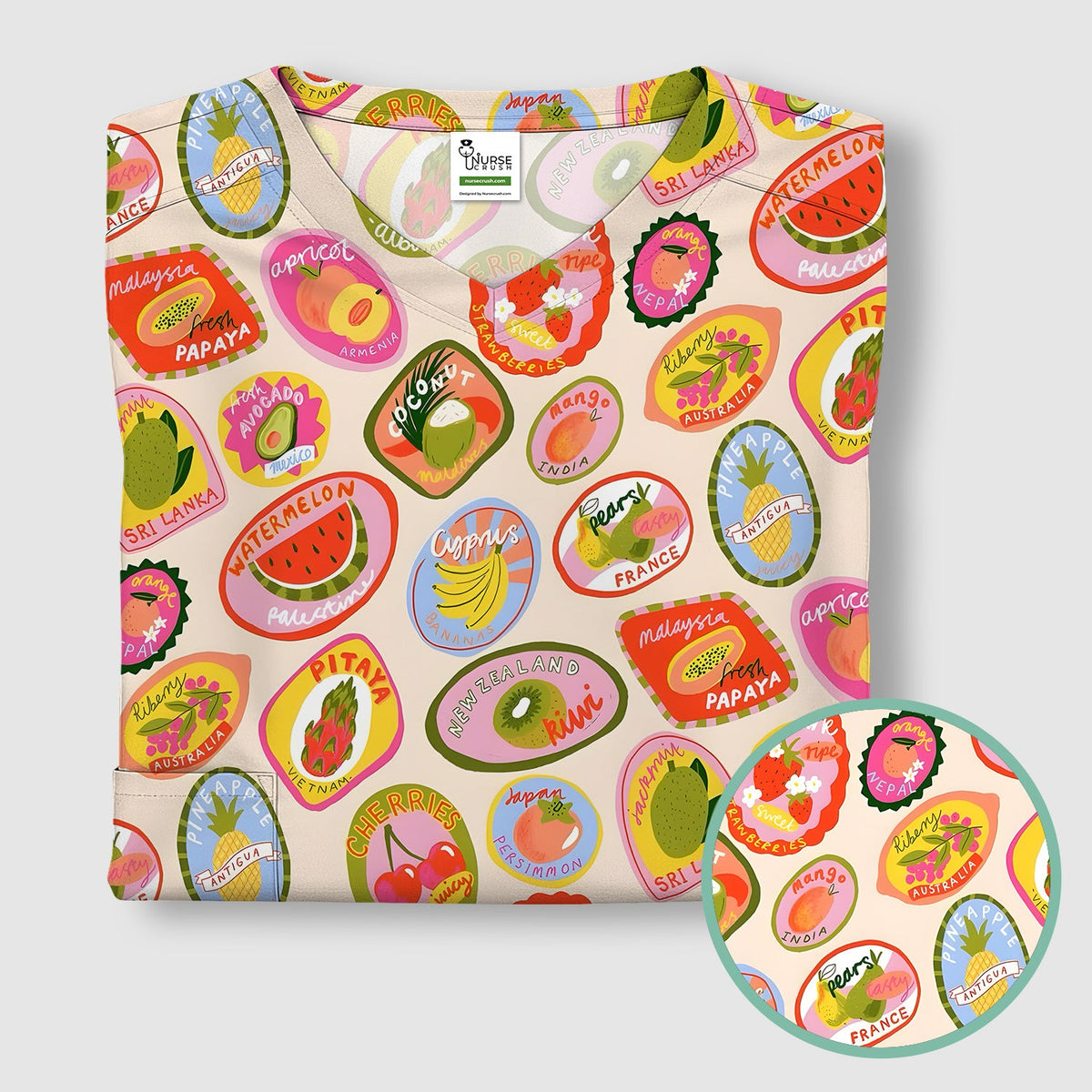 Summer Colorful Fruit Sticker Nurse Scrub Top