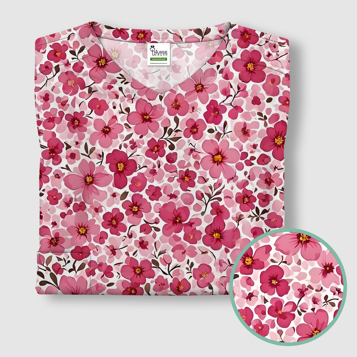 Pink Cherry Blossom Nurse Scrub Top