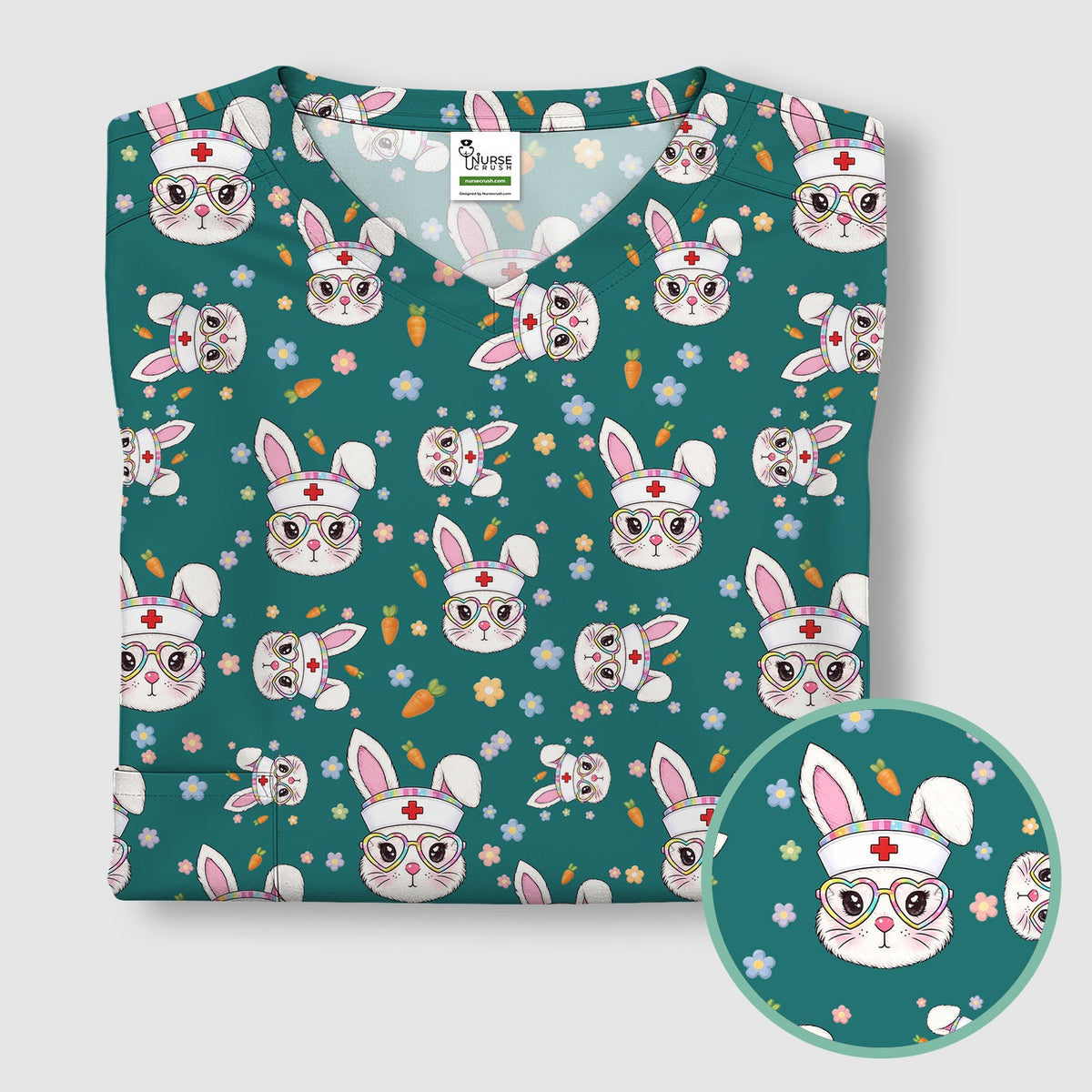 Cute Easter Bunny Nurse Pattern Scrub Top, Breathable Fabrics Nursing Uniform