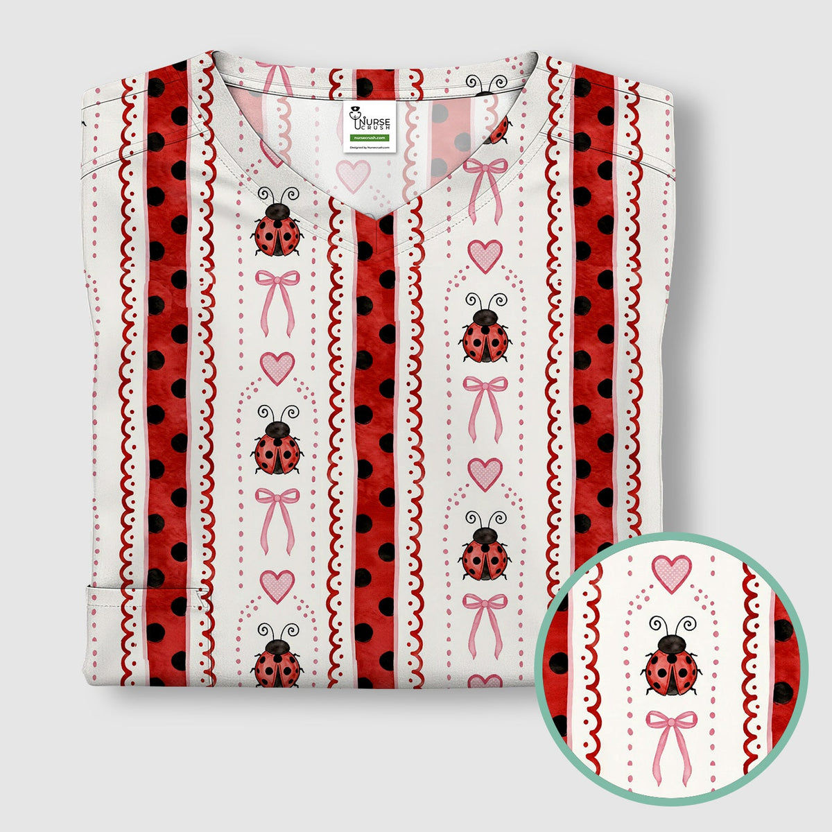 Ladybug Heart Bow Stripe Nurse Scrub Top