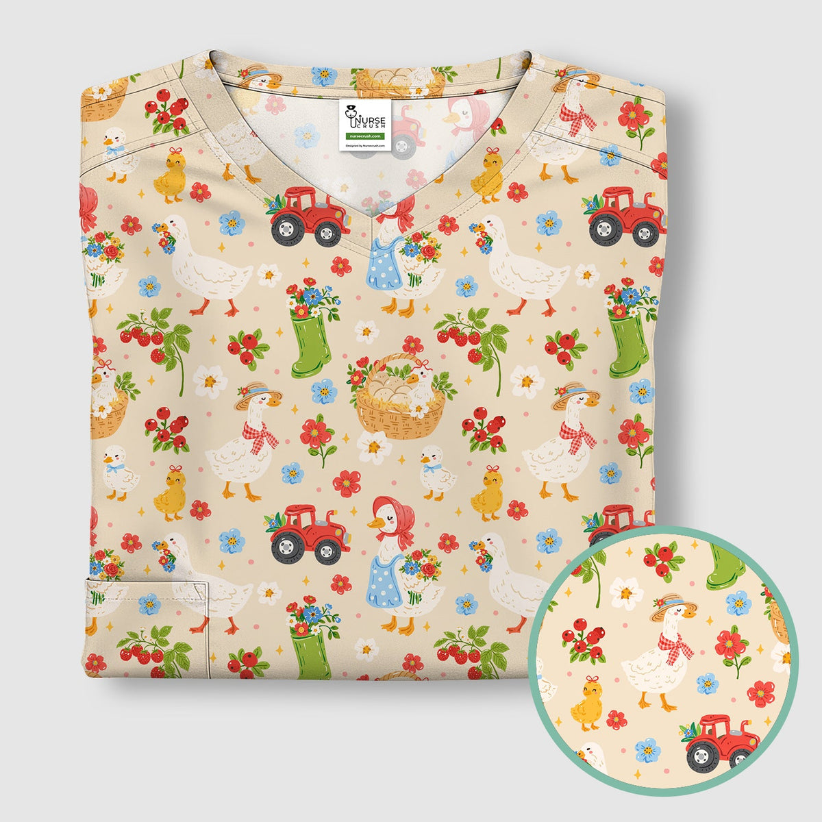 Farm Duck Chicken Tractor Flower Basket Nurse Scrub Top