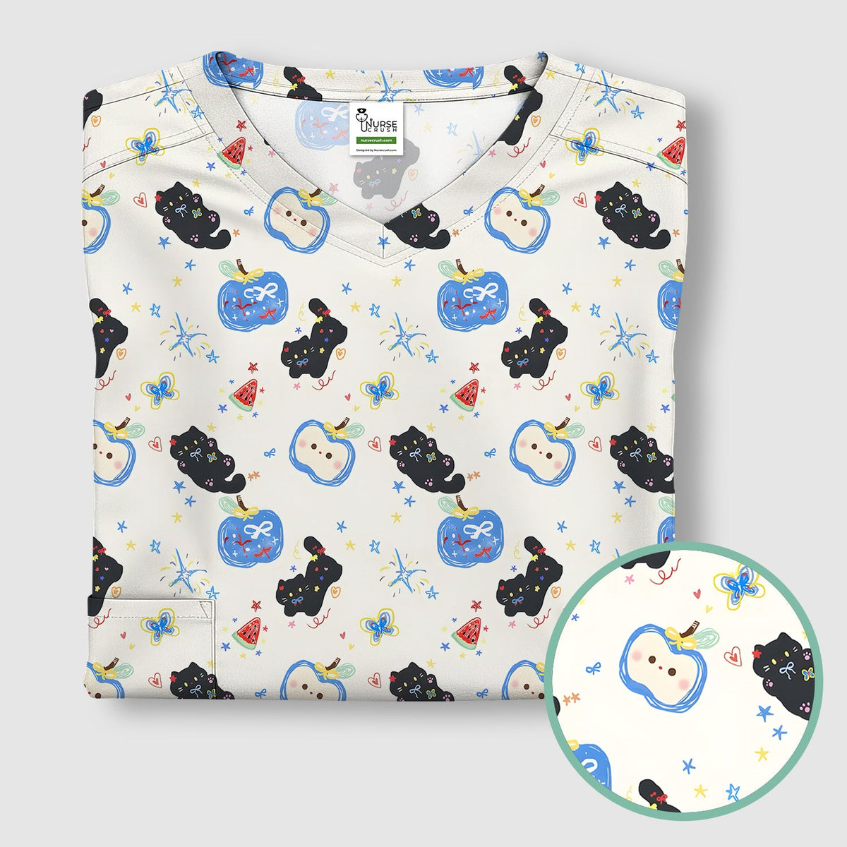 Cute Black Cat Apple Nurse Scrub Top