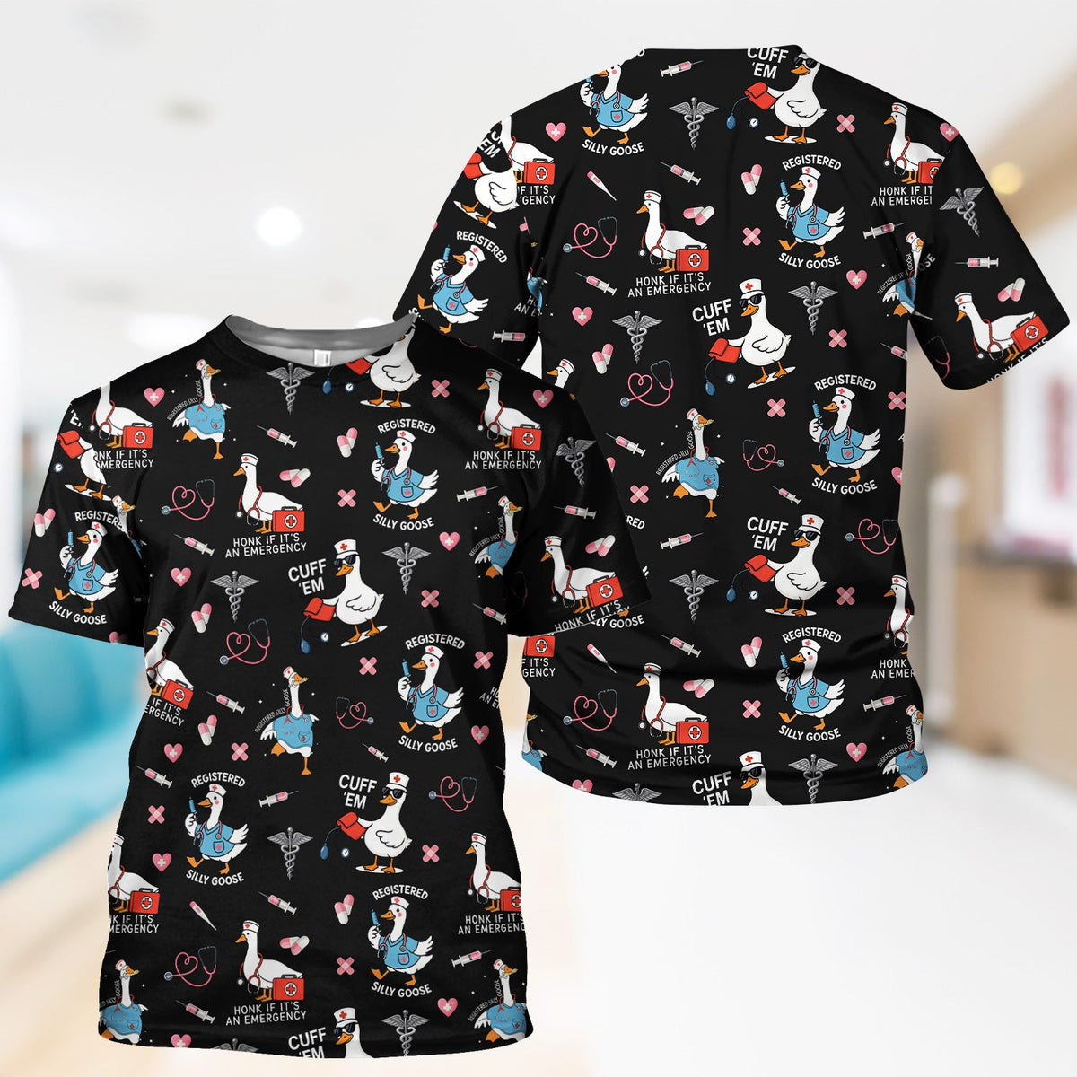 Goose Stethoscope Heart Nurse Scrub Top