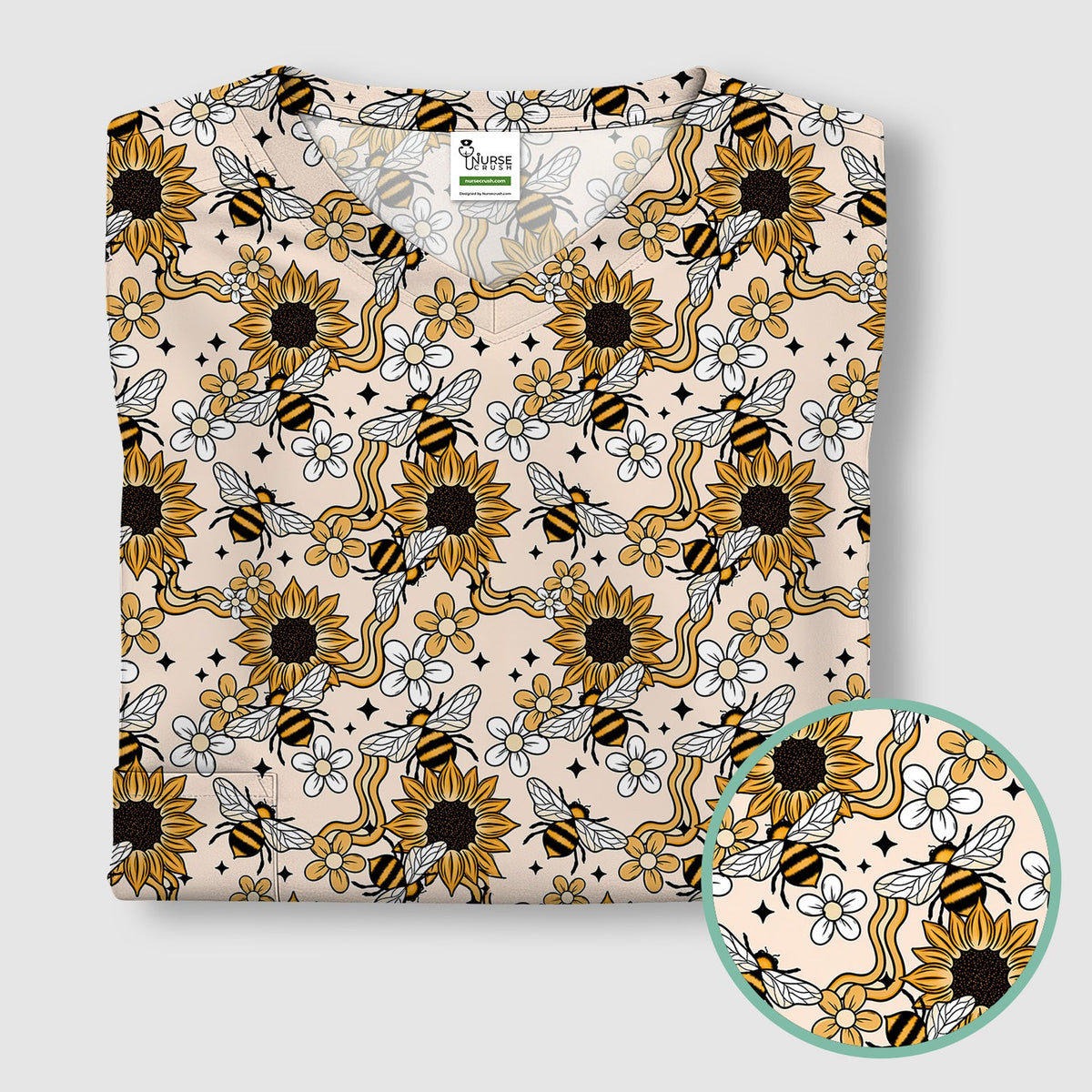 Sunflower Honey Bee Floral Nurse Scrub Top