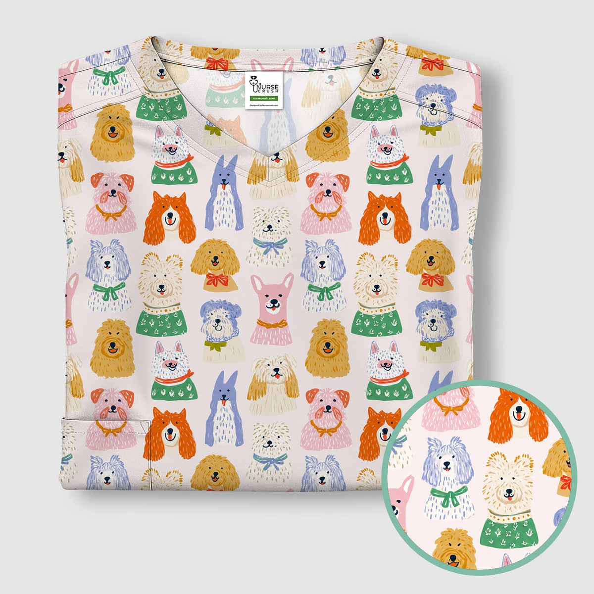 Colorful Dog Faces Cartoon Nurse Scrub Top