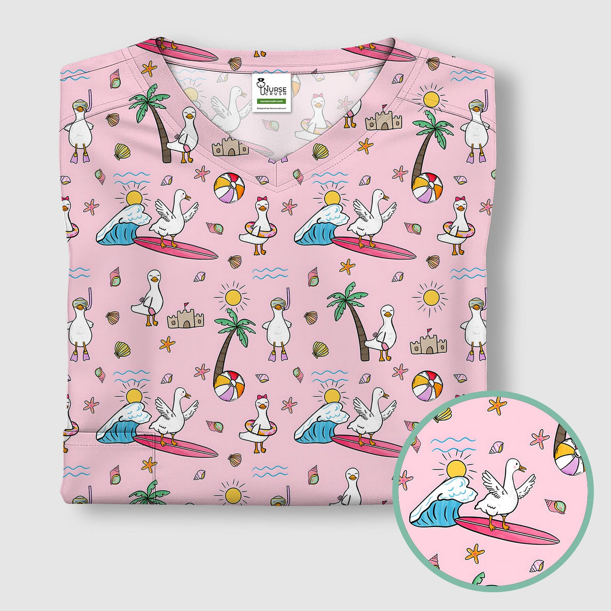 Seagull Surfboard Beach Palm Tree Nurse Scrub Top