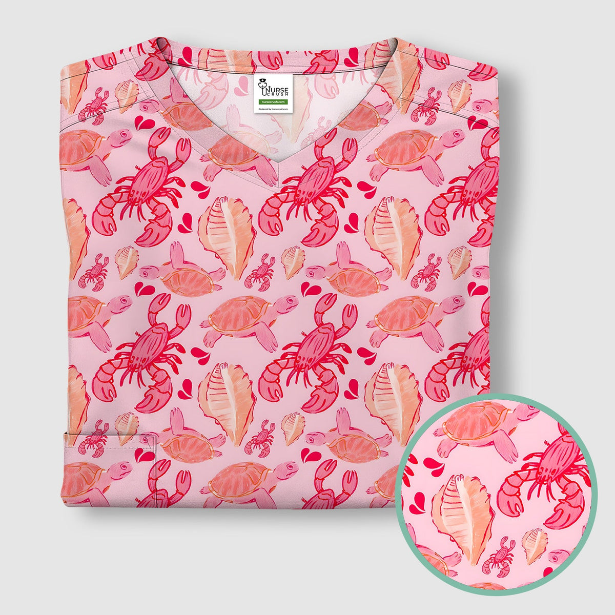 Pink Sea Turtle Lobster Shell Nurse Scrub Top