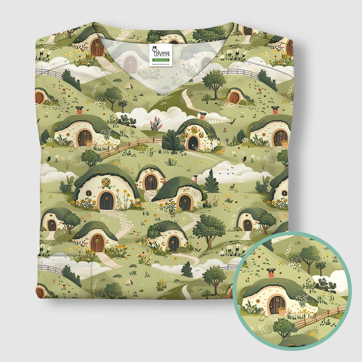 Cozy Hobbit Village Landscape Nurse Scrub Top