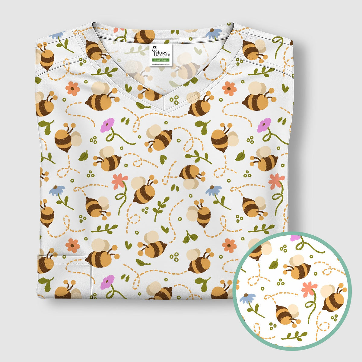 Bee Flying Floral Trail Garden Nurse Scrub Top