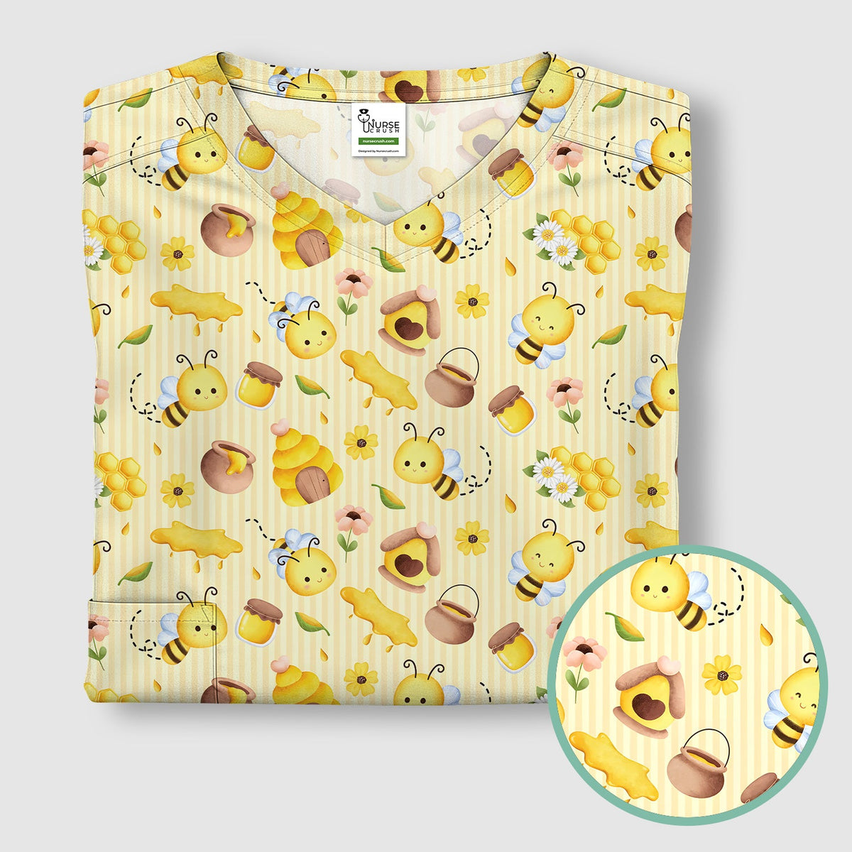 Cute Bee Honey Flower Stripe Nurse Scrub Top