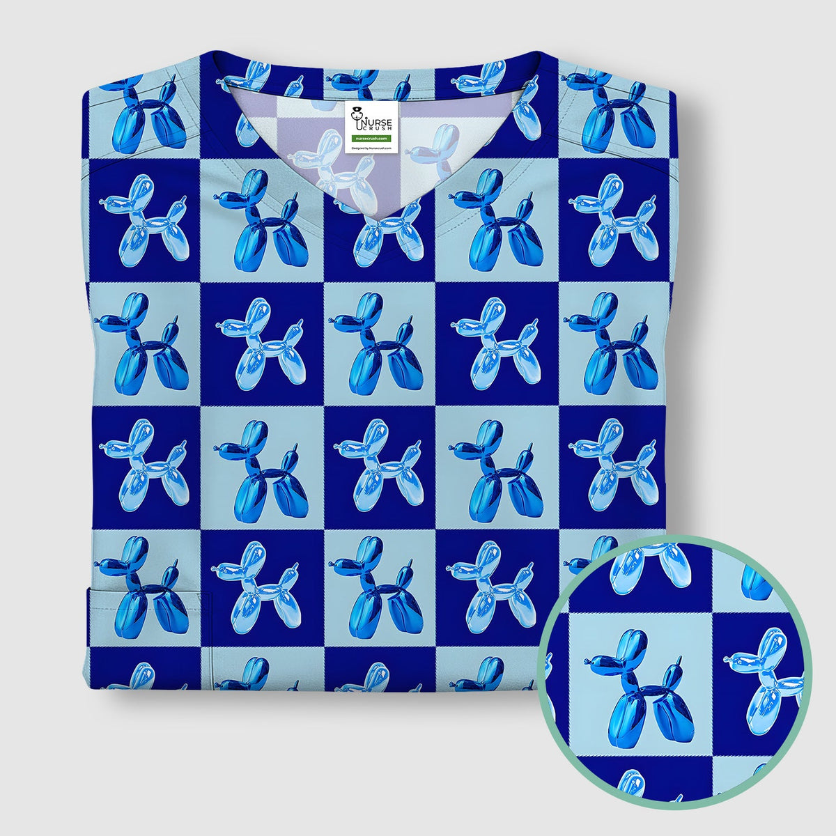 Cute Blue Balloon Dog Checkered Nurse Scrub Top