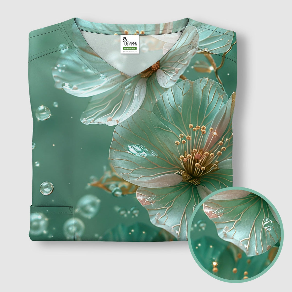 Elegant Mint Blossom Dewdrop Nurse Scrub Top