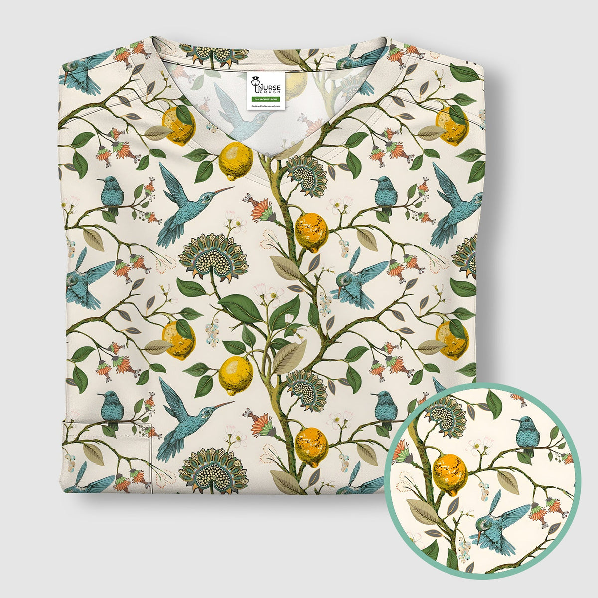 Hummingbird Lemon Floral Nurse Scrub Top