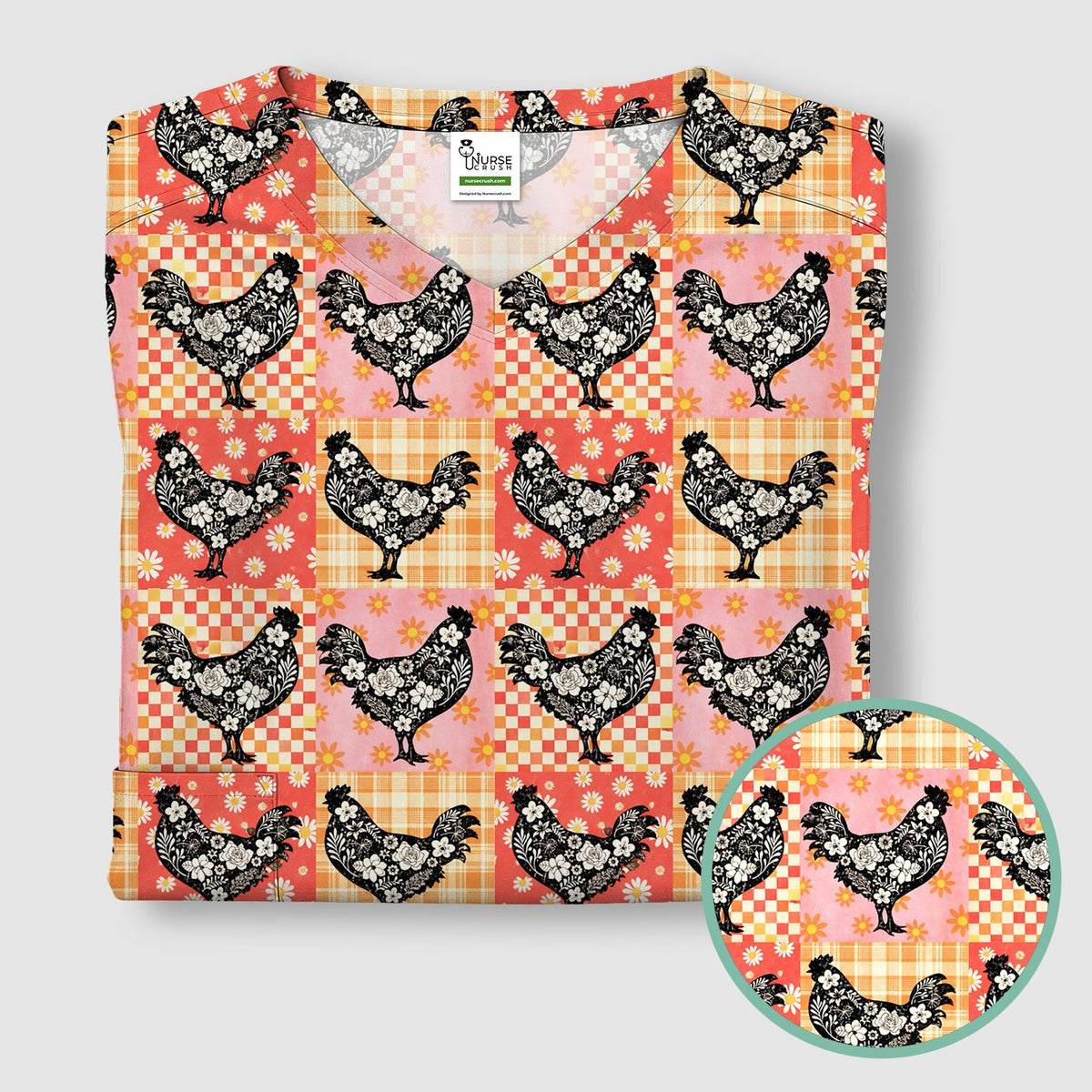 Floral Chicken Patchwork Nurse Scrub Top