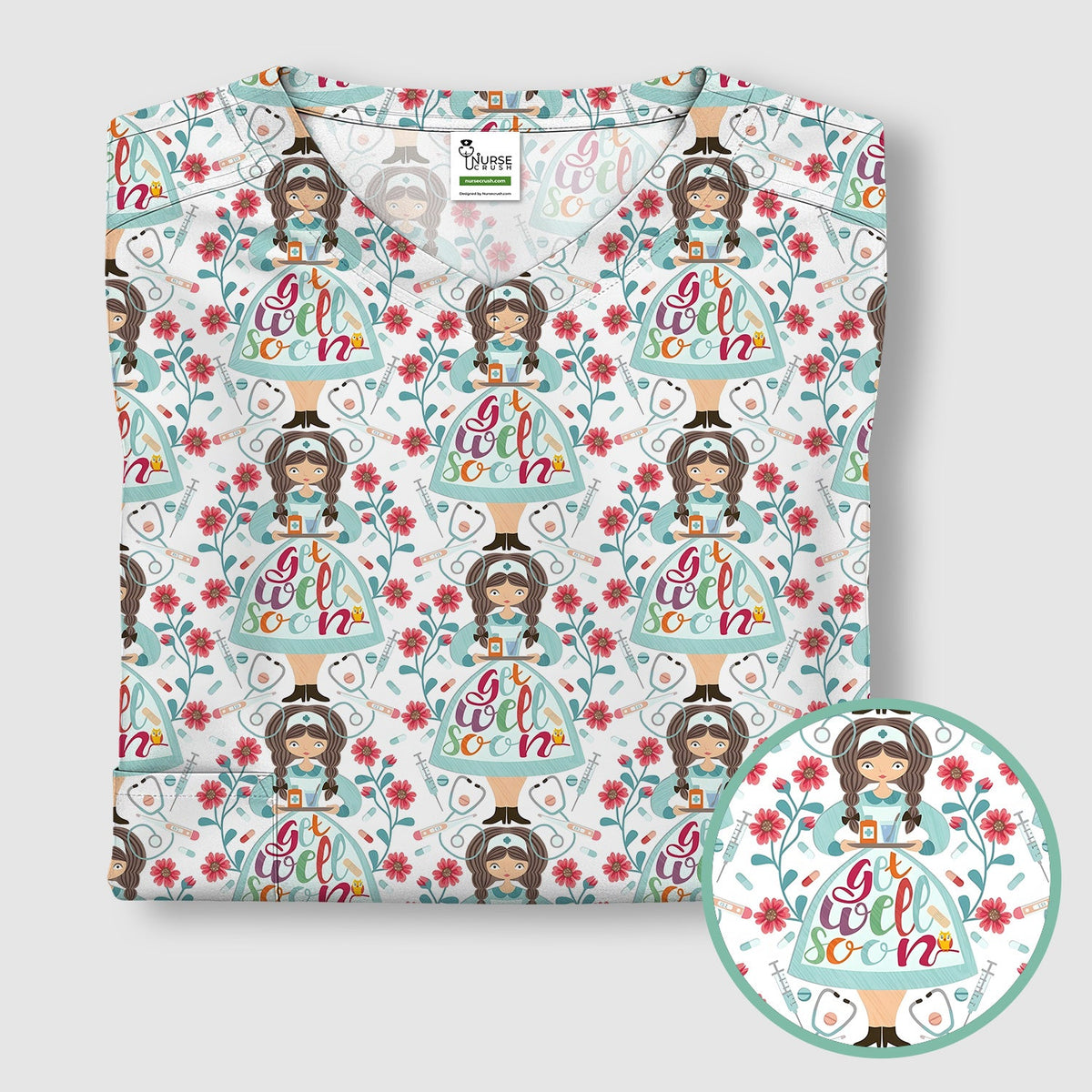 Get Well Soon Girl Floral Nurse Scrub Top