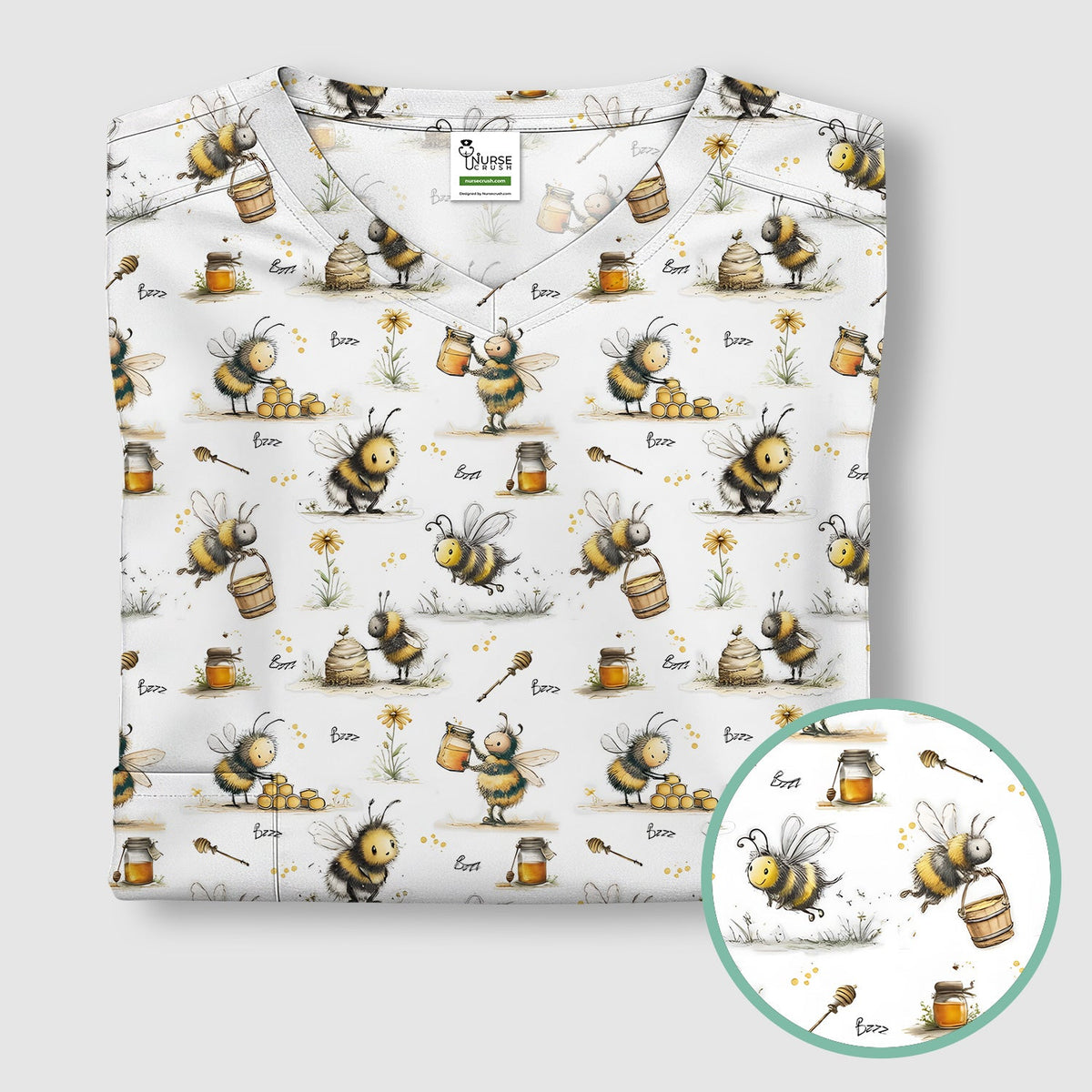 Cute Honey Bee Jar Garden Pattern Scrub Top, Comfortable Scrubs for Nurses