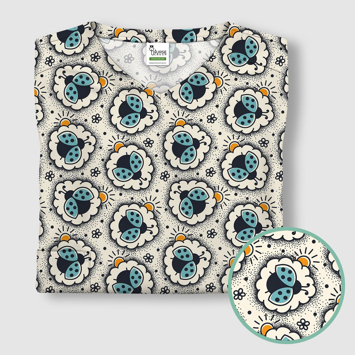 Ladybug Floral Frame Nurse Scrub Top