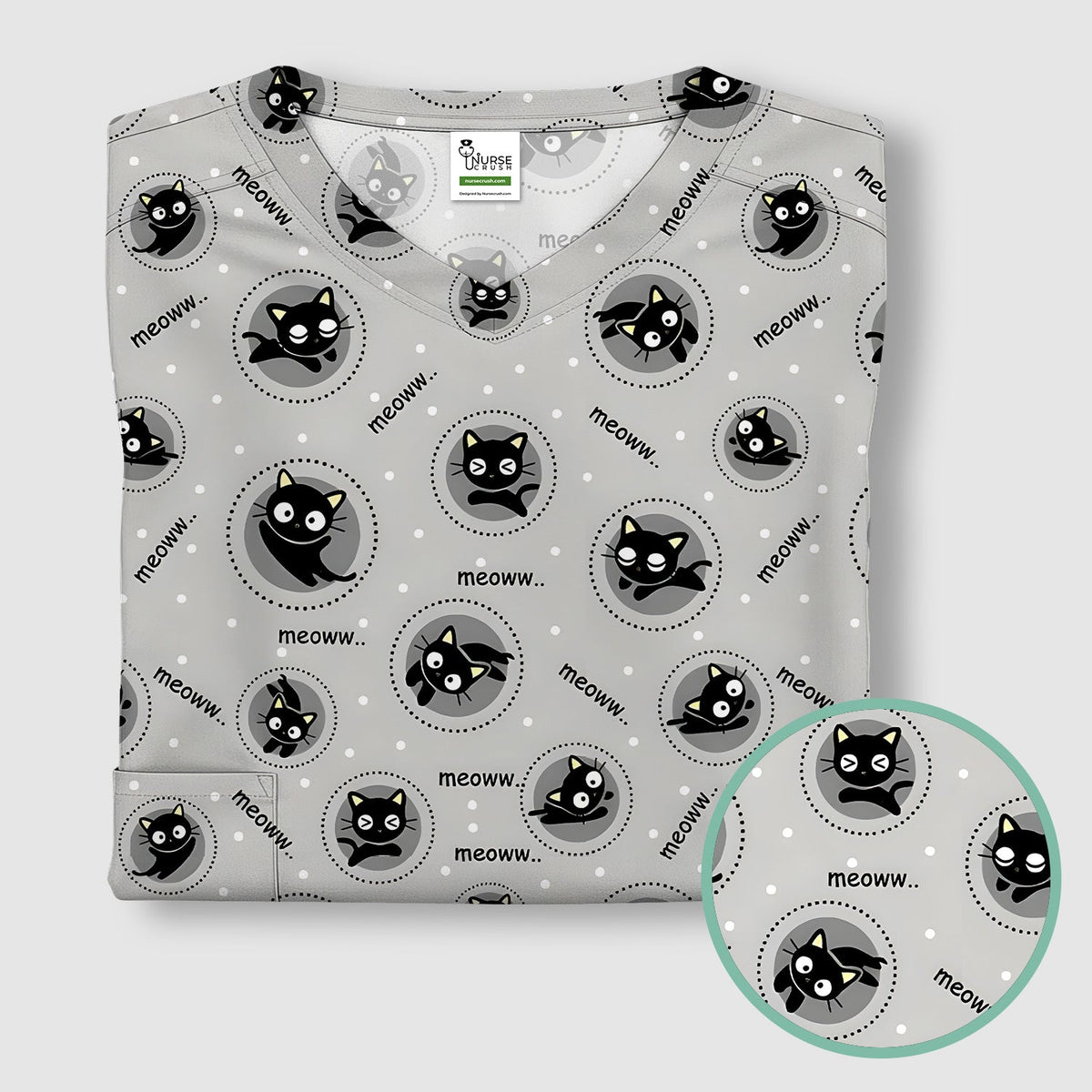Black Cat Meow Nurse Scrub Top