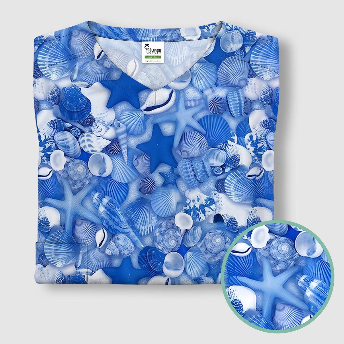 Blue Seashell Starfish Ocean Nurse Scrub Top