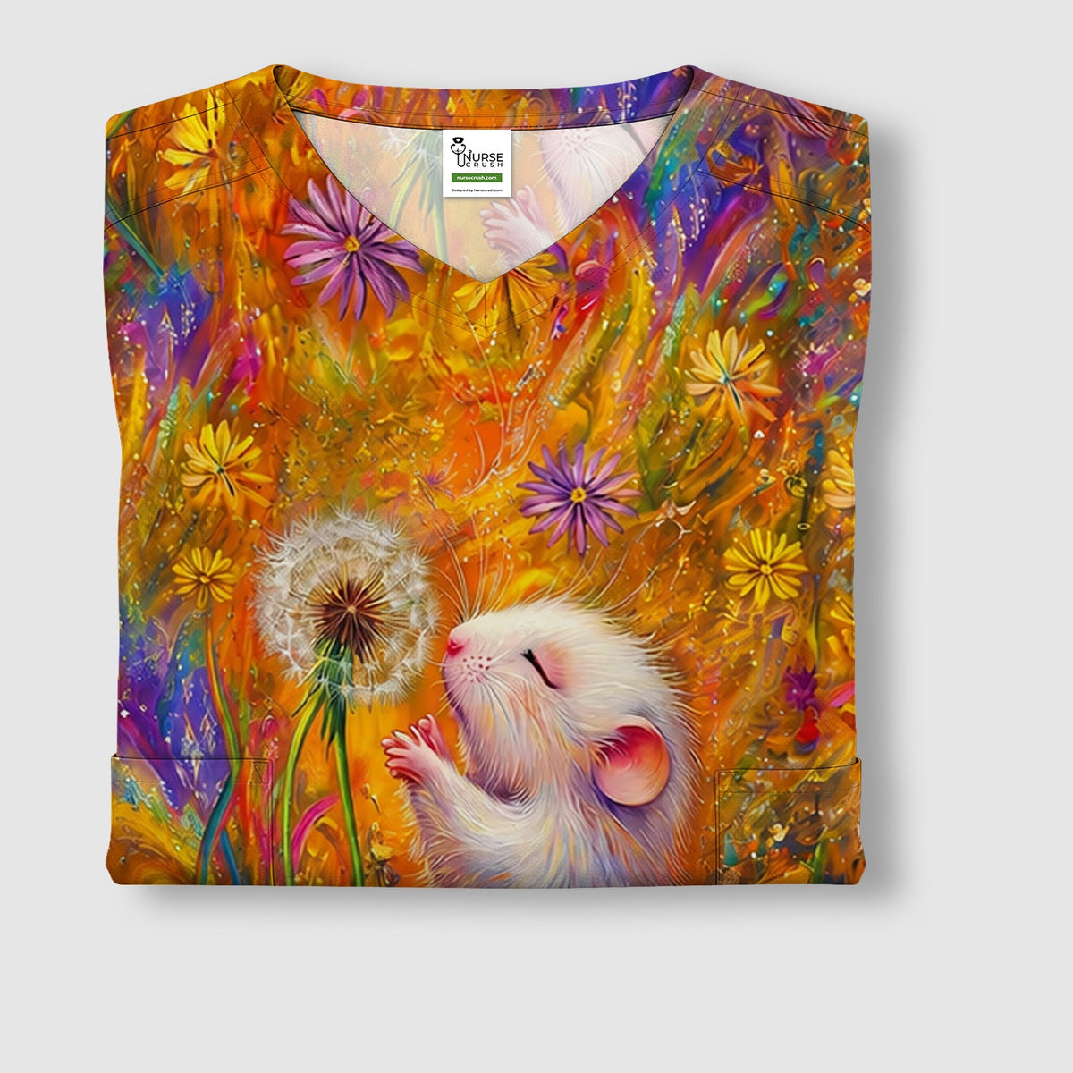 Whimsical Mouse Dandelion Nurse Scrub Top