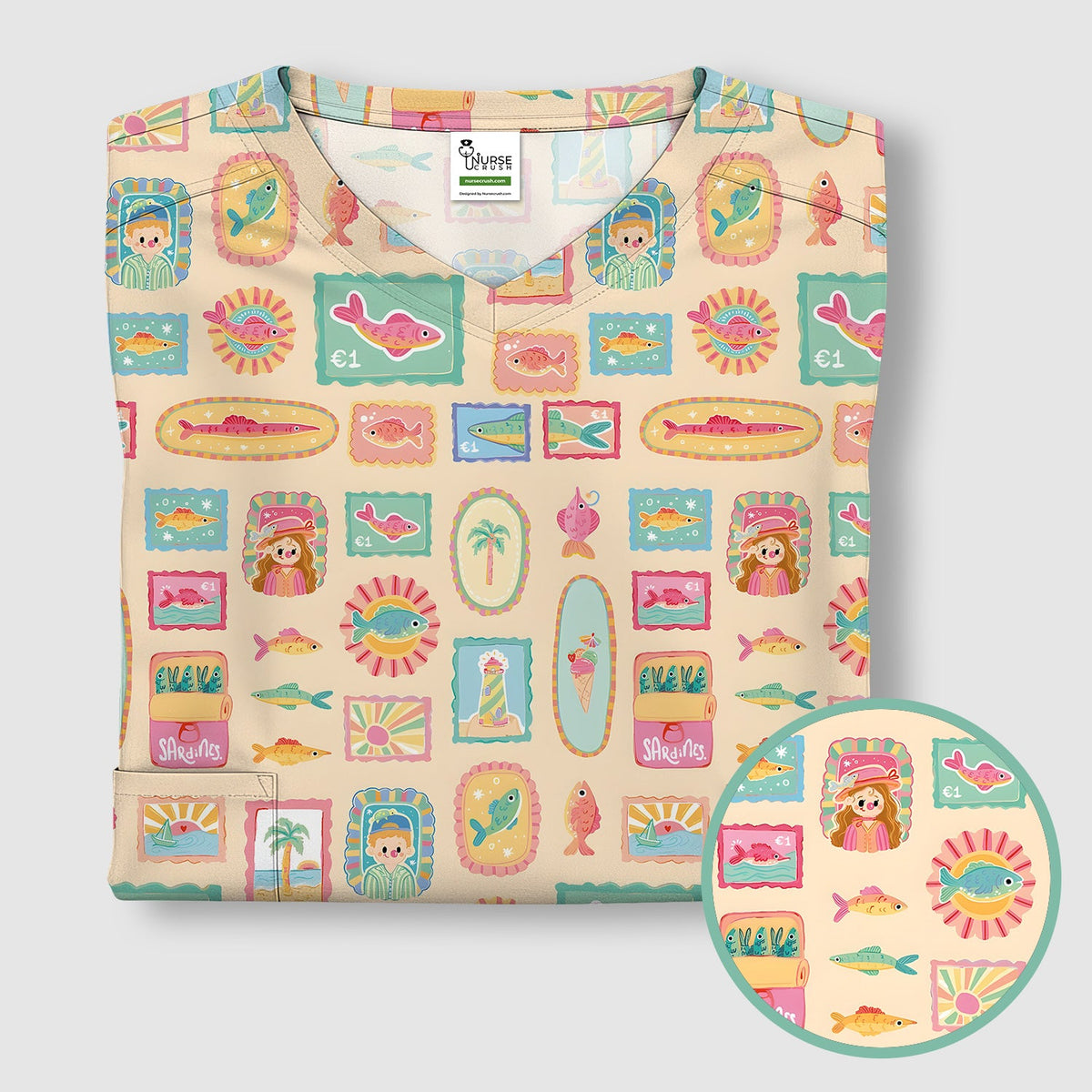 Coastal Vintage Postage Stamp Nurse Scrub Top