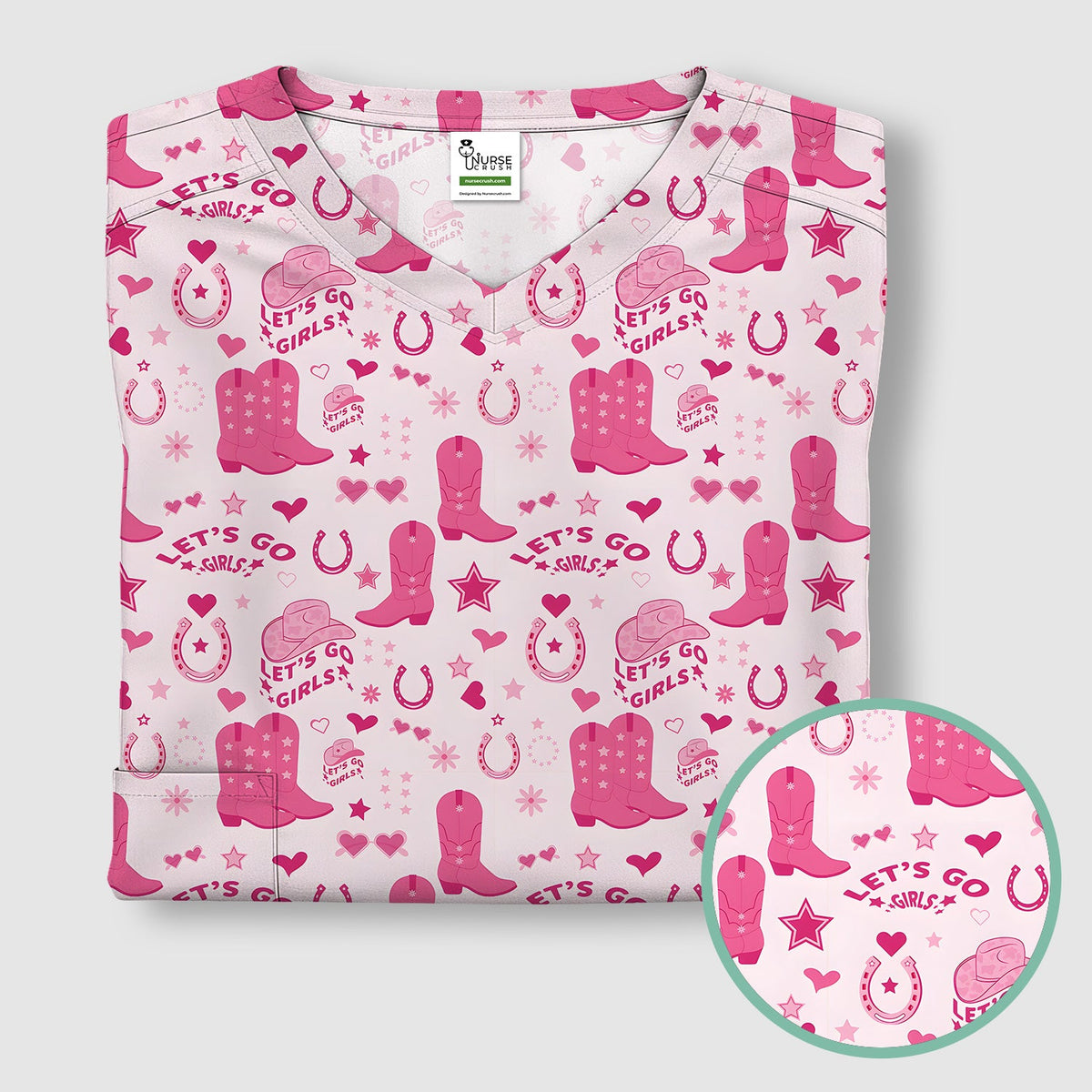 Pink Cowgirl Boots Nurse Scrub Top