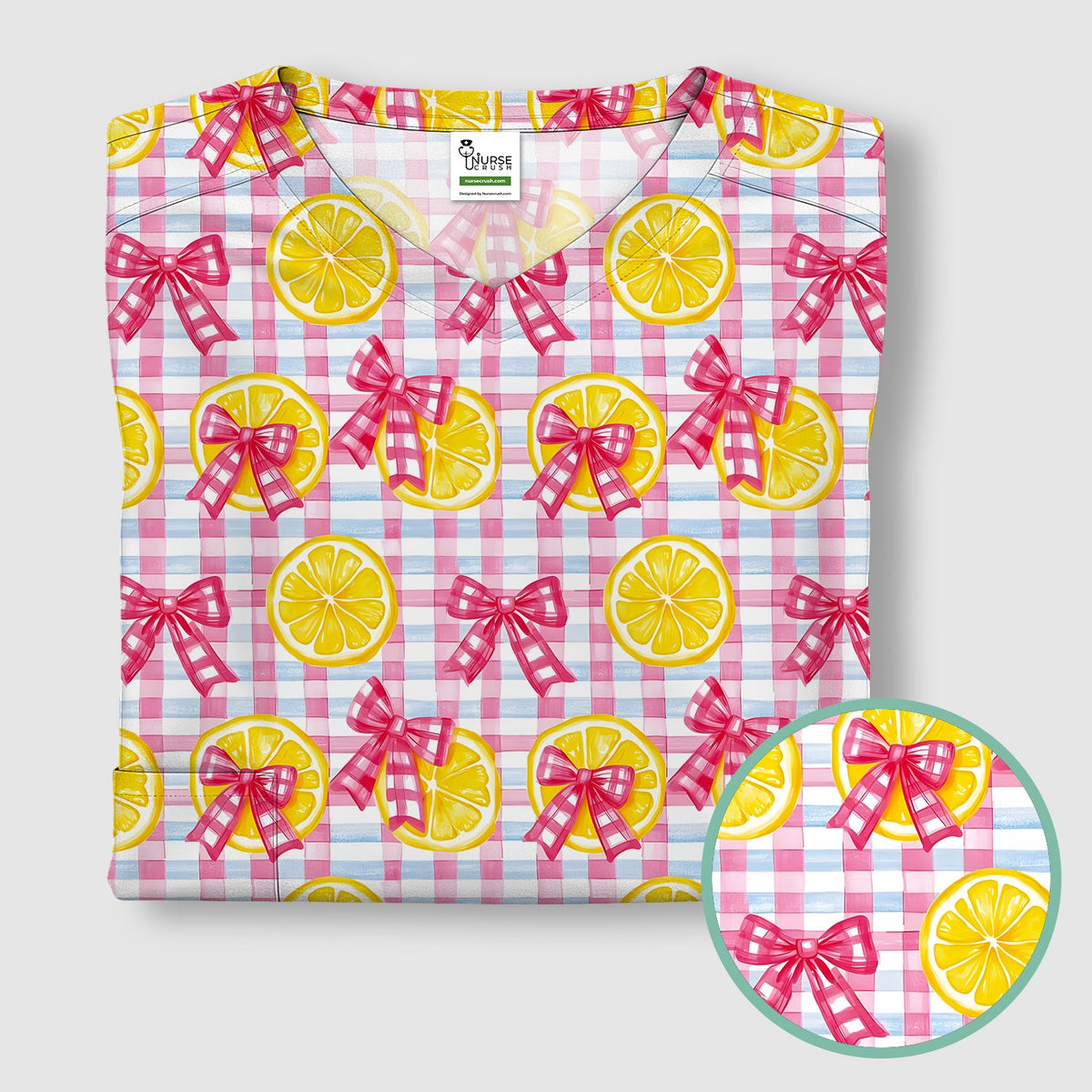 Lemon Slice Pink Bow Gingham Nurse Scrub Top